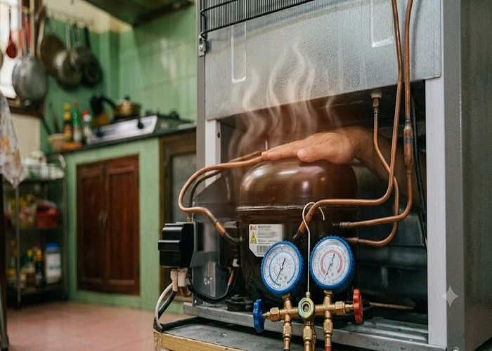 Kỹ thuật viên kiểm tra rò gas tủ lạnh bằng thiết bị chuyên dụng