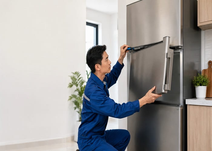 kỹ thuật viên kiểm tra cánh tủ lạnh bị xệ