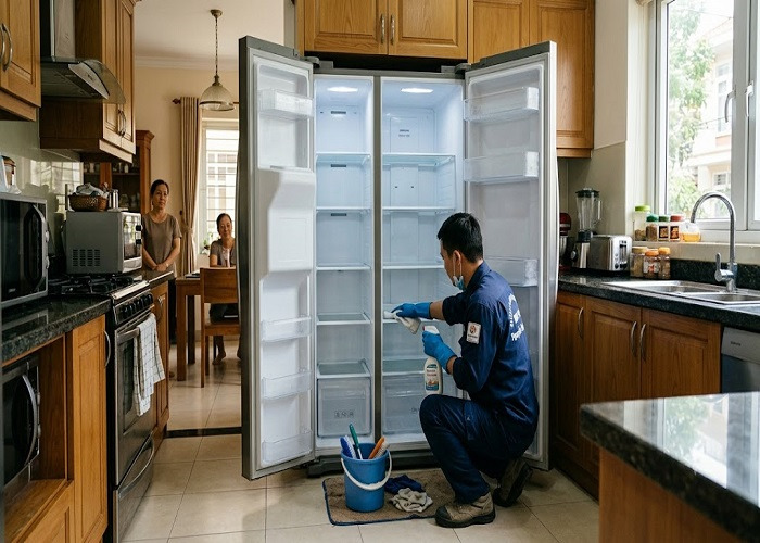 Thợ tháo khay, lau ngăn mát, ngăn đá và vệ sinh các vị trí bám bẩn bên trong tủ lạnh theo đúng quy trình.