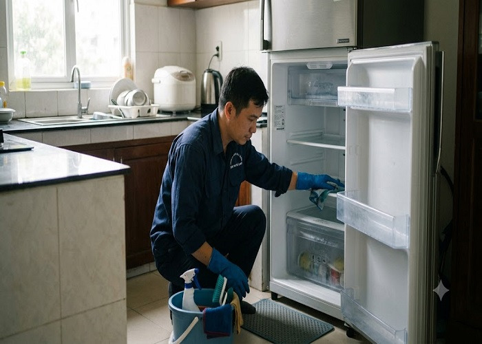 thợ điện lạnh đang vệ sinh một chiếc tủ lạnh Side by Side tại một căn bếp gia đình ở Hà Nội.